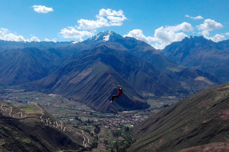 Zipline with view of the Sacred Valley of the Incas